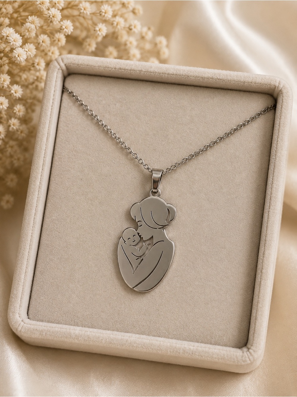 Steel 316L Silver Mother & Baby Pendant Necklace - Silver
